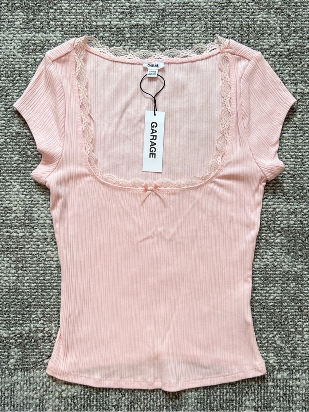 Garage Pink Ribbed Short Sleeve Scoop Lace-Trim Top